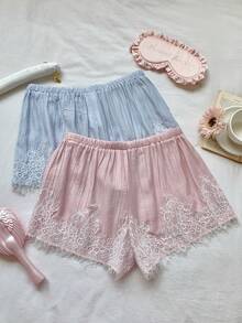 Comfortcana 2 pièces Shorts d'été décontractés pour femmes avec patchwork en dentelle - Multicolore - Voir 2