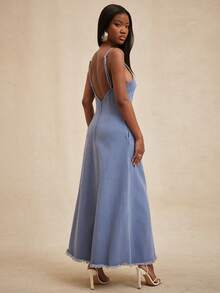 NYA SZN Đầm denim hai dây nữ kiểu dáng thanh lịch, phối tua rua, thắt eo, thích hợp cho các buổi tiệc và tụ họp. - Rửa trung bình - Xem 2