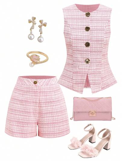 Ellevyn Women's Elegant Commuter Vest & Shorts 2 Pieces Set, Summer Summer Outfits For Women  Wedding Guest Dress For Women Formal Attire For Women  Business Professional Women  Pink Plaid Sleeveless Vest Shirt And Shorts Suit, Made Of Stretch Knit Fabric, Elegant For Both Vacation And Office Wear.