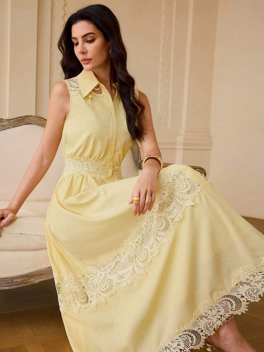 ZEYLAH VESTIDO SIN MANGAS DE ENCAJE ELEGANTE CON CONTRASTE - Amarillo - Ver 1