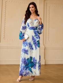 ZEYLAH WOMEN'S FLORAL PRINT COLD SHOULDER LANTERN SLEEVE PLEATED DRESS - Blue and White - View 4