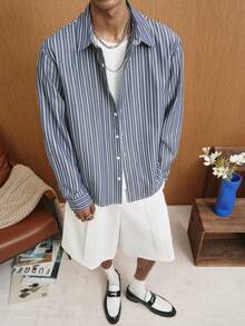 TOKVUE Men's Striped Long Sleeve Single-Breasted Casual Shirt - Blue - View 1