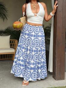 Sunnyshic Summer New Fashion Versatile Beach Vacation Floral High Waist Slimming Skirt - Blue - View 6
