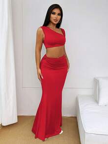 Zolique 女士服装 Sumeer Clean Fits 纯色不对称领露脐上衣和美人鱼裙摆半身裙灰色设计两件套 - 紅色 - 查看 6