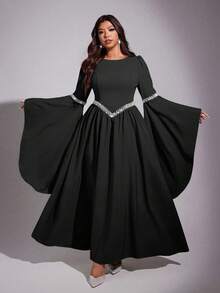 Viva Relle 大码女士优雅浪漫奢华派对/婚礼宾客珍珠装饰圆领收腰长袖喇叭袖口A字长裙（珍珠装饰随机）珍珠装饰连衣裙 女士精美连衣裙 阿拉伯风格连衣裙 女士连衣裙 正式礼服 黑色连衣裙 - 黑色 - 查看 3