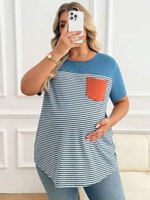 Plussiva Plus Size Maternity Striped Print Pocket Round Neck Short Sleeve Top Tshirts For Women Casual Tshirt Summer Tops Ladies New T Shirt Blouses - Multicolor - View 6