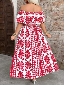 GlowEve CURVE Plus Size Women's Summer Romantic Floral Print Ruffle Trim Off-Shoulder Elastic Waist Maxi Dress, Suitable For Beach Vacation And Travel - Red - View 2
