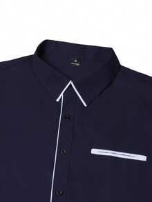 Manfinity Homme Men's Business Casual High-End Contrast Color Patchwork Short Sleeve Shirt Blue Black And White Shirts Men Men's Short Sleeve Dress Shirts - Navy Blue - View 8