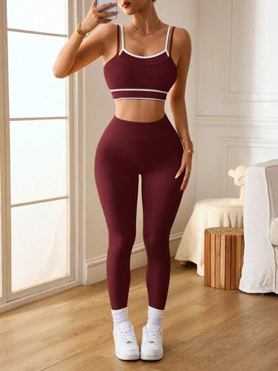 Slayform Seamless Knit Contrast Color Dopamine Series Yellow Detachable Chest Panel Super Short Top + Leggings Women Sports Suit