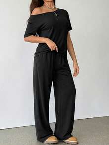 SHEIN Tall 女士夏季极简街头风基础日常穿搭外出运动舒适露肩T恤和阔腿运动裤两件套，秋季 - 黑色 - 查看 3