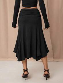 SHEIN PETITE 女士优雅休闲不对称褶皱棕色半身裙，春夏黑色半身裙 - 黑色 - 查看 2