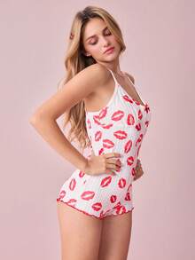 Bonmuse 唇印性感V型露背交叉绑带设计修身舒适女士连体睡衣 - 白色 - 查看 7