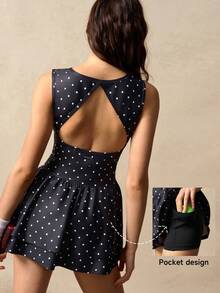 VARSIVA Women's Polka Dot Backless Sleeveless Sports Dress With Shorts - Black - View 11