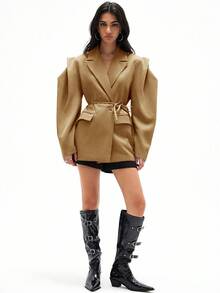 Loose Fit Casual Commuting Versatile Extra Wide Shoulder Silhouette Drawstring Decor Solid Color Blazer - Camel - View 6