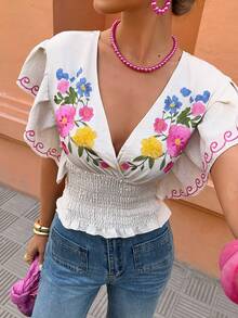 Flora Isola Flora Isola Standard Size Women's Casual Vacation Shirt With Cross Collar And Floral Embroidery, Spring/Summer - Multicolor - View 6