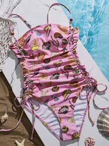 SHEIN Swim Vcay 女士夏季随机海星印花吊带抽绳连体泳衣，适合海滩和度假 - 彩色 - 查看 6
