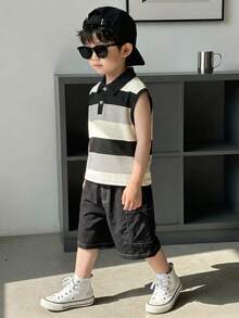 SHEIN 男童条纹无袖 Polo 衫，配纽扣半开襟针织背心和松紧腰休闲短裤套装，夏季 - 黑與白 - 查看 8