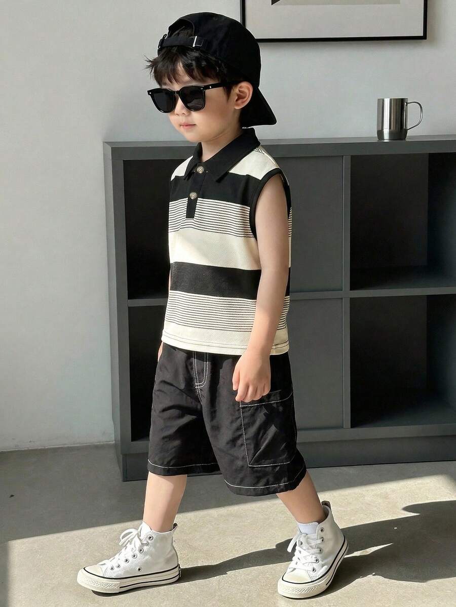 SHEIN 男童条纹无袖 Polo 衫，配纽扣半开襟针织背心和松紧腰休闲短裤套装，夏季 - 黑與白 - 查看 1