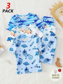 SHEIN GraphicGems Bộ đồ ngủ 3 món cho bé trai sơ sinh và trẻ nhỏ, in hình phi hành gia, khủng long, cá mập, chất liệu vải thun co giãn, thoải mái, cổ tròn, tay ngắn, ôm sát người, gồm cổ áo và quần đùi. - Nhiều màu - Xem 7