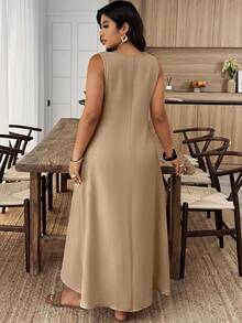 EMERY ROSE Plus Size V-Neck Sleeveless Loose Casual Long Dress - Coffee Brown - View 2