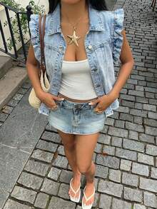 Sunnyshic Women's Single-Breasted Frayed Hem Ruffle Cuff Denim Jacket - Light Wash - View 5