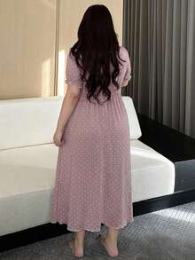 Dazy Plus Elegant Ditsy Floral Scoop Neck Tie-Up Contrast Lace Cinched Waist Long Nightgown With Short Sleeves - Apricot - View 5
