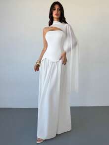 Firerie 女士休闲优雅缎带领长裙/雪纺飘逸长裙/伞裙/节日装扮/情人节/浪漫场合/复古风 - 白色 - 查看 8