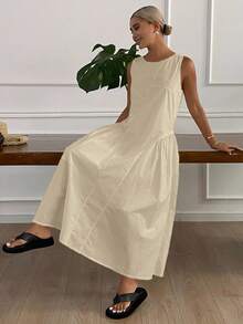 DAZY 女士纯色圆领无袖开衩休闲连衣裙，秋季款 - 杏色 - 查看 5