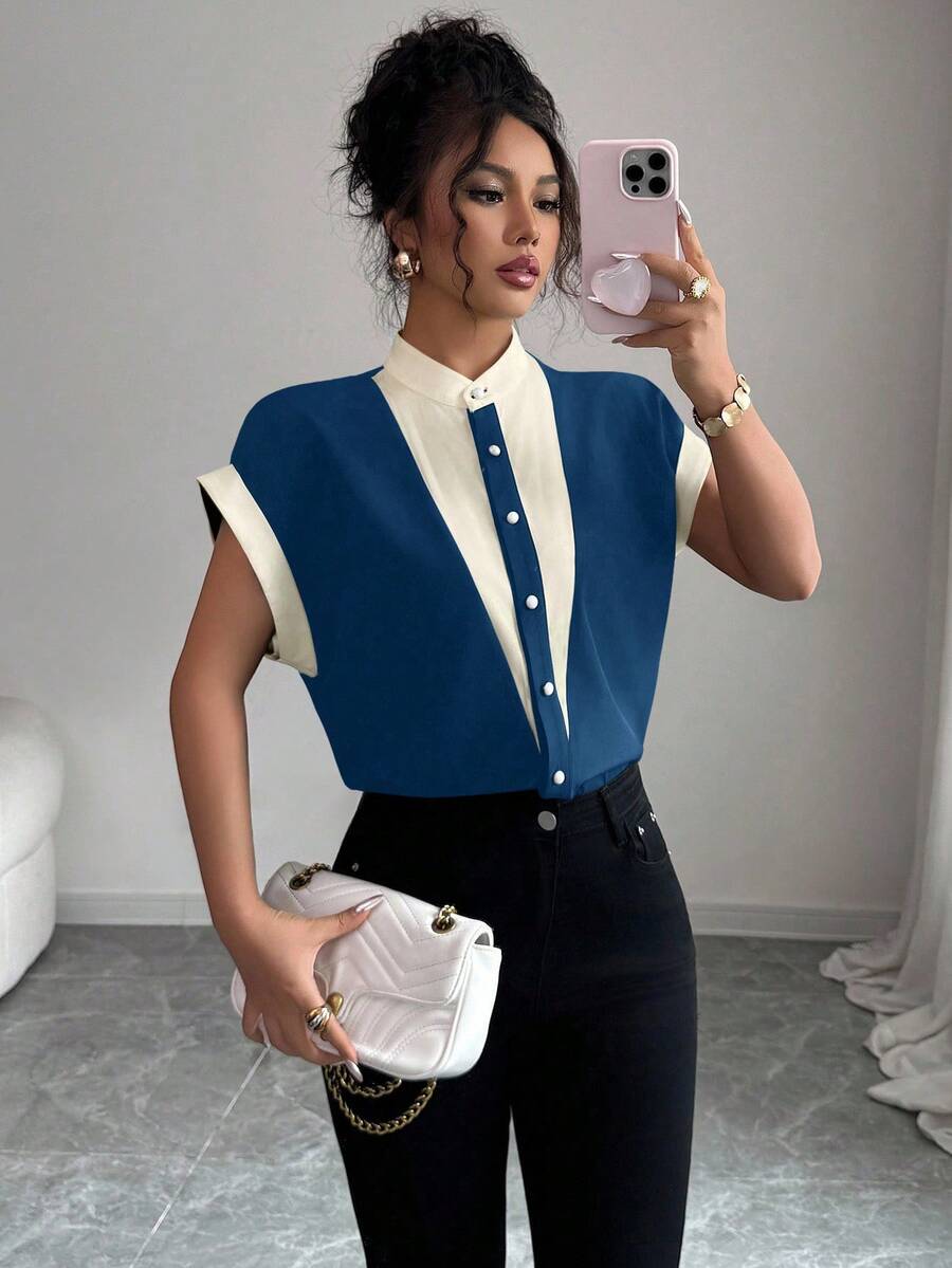 Selianne Women's Contrast Color Front Button Elegant Summer Short Sleeve Blouse - Multicolor - View 1