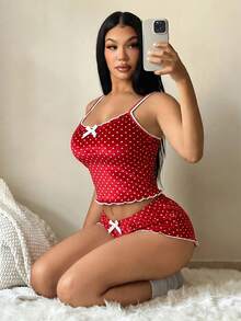 SHEIN SXY 大码女士休闲波点睡衣套装 - 吊带背心+短裤，两件套波点睡衣套装，女士波点睡衣套装，可爱蝴蝶结性感款 - 紅色 - 查看 12