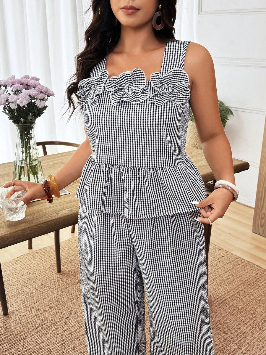 Weeklong Fashionable Casual Spring/Summer Retro Elegant Commuting Black & White Plaid Hollow Flower 2 Pieces Set - Black and White - View 1