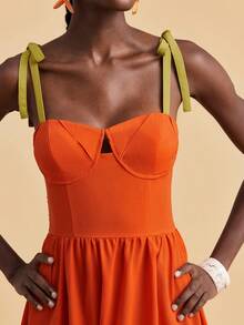 Travachic 女士撞色褶皱肩部打结设计连衣裙，热带风情，波西米亚风，西部风情，夏季连衣裙，夏季套装，女士夏季连衣裙，女士优雅连衣裙，女士度假套装，节日连衣裙，女士复活节连衣裙，沙滩连衣裙 - 橘色 - 查看 1
