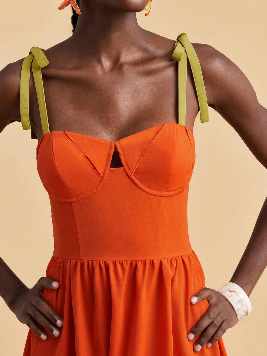 Travachic 女士撞色褶皱肩部打结设计连衣裙，热带风情，波西米亚风，西部风情，夏季连衣裙，夏季套装，女士夏季连衣裙，女士优雅连衣裙，女士度假套装，节日连衣裙，女士复活节连衣裙，沙滩连衣裙 - 橘色 - 查看 1