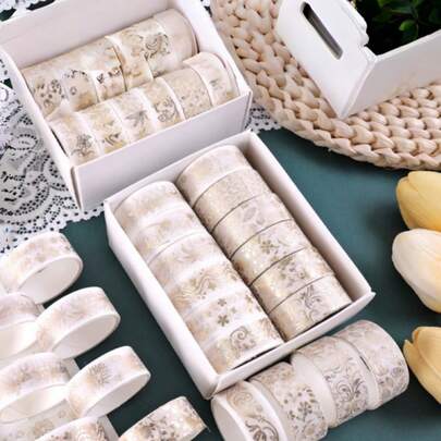Natural Style Gold Foil Stamping Washi Tape Set Decorative Creative Stickers For Journal DIY Crafts Scrapbook Phone Case Laptop Aesthetic Wrapping Supplies