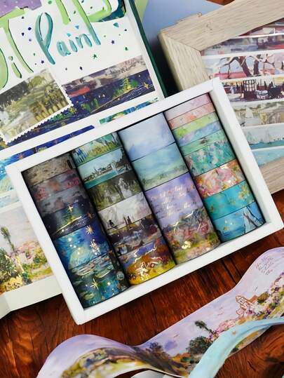 梦幻多色和纸胶带套装，金色箔片点缀，DIY装饰贴纸卷，适用于日记、剪贴簿、计划本、手工制作，自粘耐用，纸艺用品，礼品创意