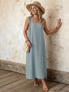 EMERY ROSE Women Loose Texture Round Neck Simple Summer Tank Dress - Dusty Blue - View 6