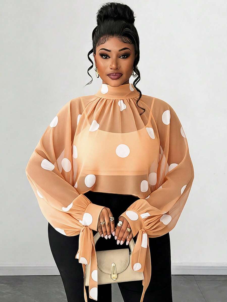 Maweii Plus Size Elegant Sheer Polka Dot Mock Neck Loose Cuffed Bow Tie Cuff Long Sleeve Blouse - Cream - View 1