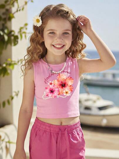 1pc Girls' Casual Hawaiian Vacation Style Cropped Sleeveless Top, Hibiscus Flower Print, Comfortable Basic Tank Top, Suitable For Spring, Summer, Autumn, Black, Everyday Wear, Big Kids Floral Print Cropped Tank Top