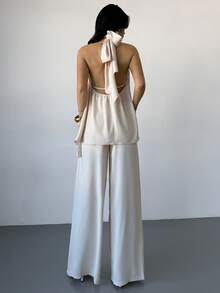 Firerie Women's Elegant Minimalist Comfortable Fashion Vacation Bohemian Commute Urban Modern Casual Halter Backless Draped Blouse And High Waist Wide Leg Flowing Pants Two Pieces Set, Apricot - Apricot - View 9