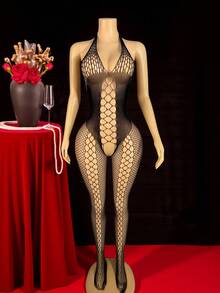 Women's Sexy Hollow Out Halter Neck Tight Fishnet Sheer Bodysuit - Black - View 5