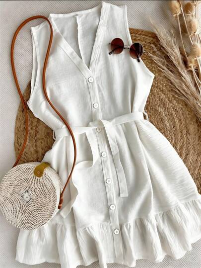 Franclia ชุดมินิเดรสผู้หญิงคอวีแขนกุดผูกเอวชายระบาย เหมาะสำหรับฤดูใบไม้ผลิ ฤดูร้อน ฤดูใบไม้ร่วง ฤดูหนาว เหมาะสำหรับออกเดท ลำลองหรูหรา เดินทาง ชุดเดรสรีสอร์ทสำหรับผู้หญิง ชุดทำงานออฟฟิศ อเนกประสงค์ ทันสมัย ชุดลำลองประจำวัน ชายหาด/ทะเลที่หรูหรา