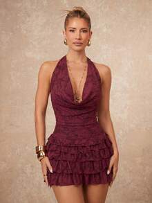 Lumalex 春季新款女装冬季聚会派对魅力优雅宴会低调奢华闪耀假日派对魅力优雅狂欢节郊游度假热门户外丰富层次婚礼季宴会成人礼花卉3D天鹅绒酒红色纯色优雅花卉层叠荷叶边迷你连衣裙女装奢华舞会圣诞节新年，女装派对礼服 - 酒紅色 - 查看 4