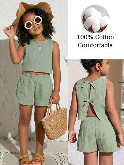 女童夏季休闲纯色纹理绿色面料吊带背心和短裤套装