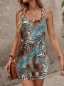 SHEIN LUNE Vestido corto impreso minimalista y casual para mujer, adecuado para primavera y verano - Multicolor - Ver 5