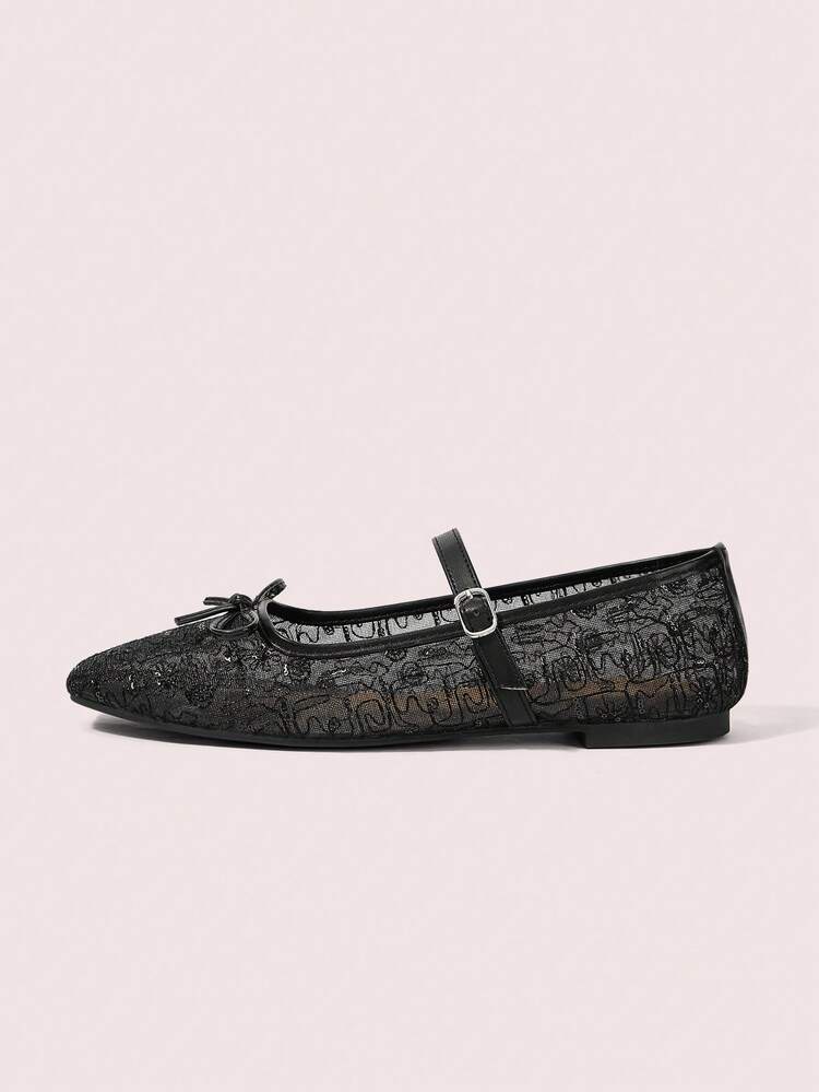 CUCCOO DOLLMOD Ladies' Black Mesh Yarn Embroidered Flower Pattern And Cute Bow Decorative Design French Low Vamp Breathable Mary Jane Shoes Upper Mesh Yarn Material Is Suitable For Spring And Summer Wear