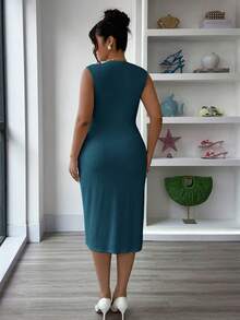 Elenzga Vestido sin mangas con pliegues, botones de metal y abertura, de tela con textura color albaricoque, vestido elegante y casual para usar en primavera/verano - Agua verde azul - Ver 2