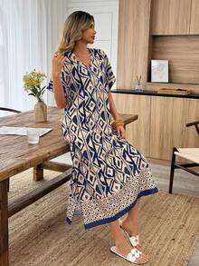 Louniche Đầm maxi dáng chữ A suông, tay cánh dơi in họa tiết hình học màu xanh dương, cổ chữ V, kiểu dáng thoải mái, phong cách boho, thích hợp cho kỳ nghỉ hè của nữ. - Nhiều màu - Xem 5