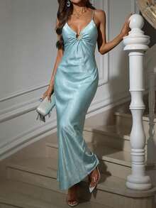 Aveloria Rosie 女士荷叶边V领镂空长吊带派对连衣裙 节日派对 生日 正式场合连衣裙 - 藍色 - 查看 4