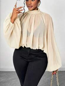 Maweii Plus Size Solid Color Turtleneck Lantern Sleeve Fashionable Cropped Shirt - Apricot - View 8