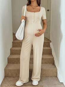 SHEIN Pregnant Women's Plain Color Patchwork Front Button Tie Waist Casual Jumpsuit - Apricot - View 3